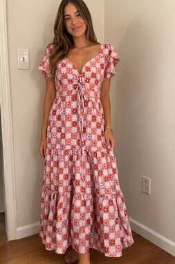 BTFL-life Florian Floral Grid Tiered Maxi Dress in Pink Multi